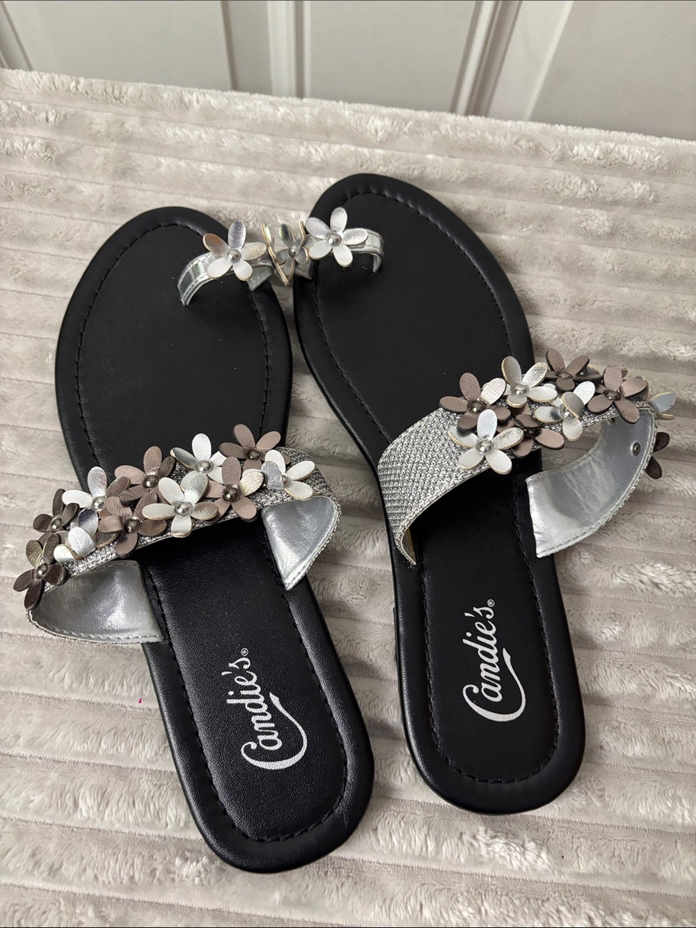 EUC Candies Silver and Black Floral Embellished Slide Sandals